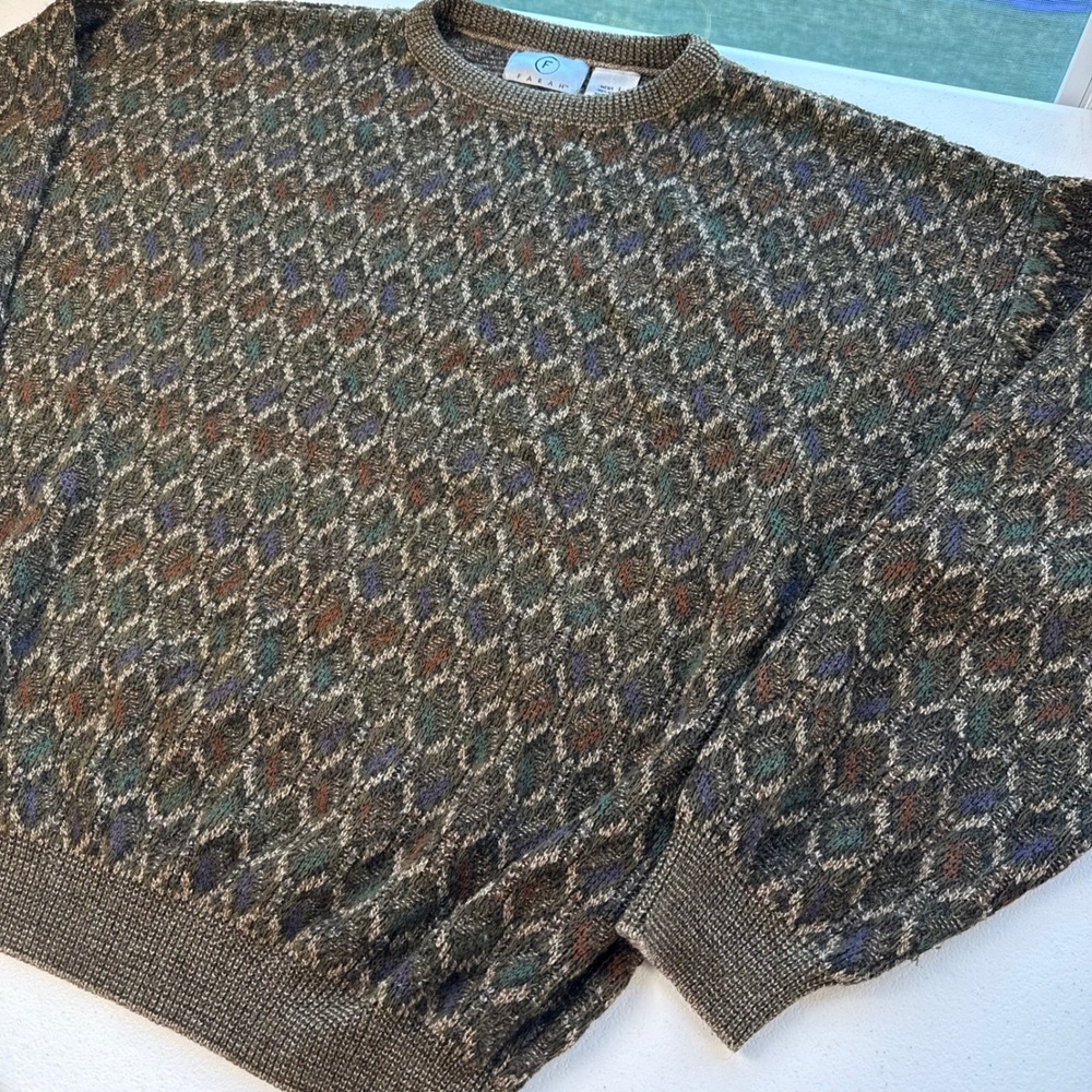 Farah Vintage Mens Large Geometric Knit Crewneck Sweater Multi Earth Tone